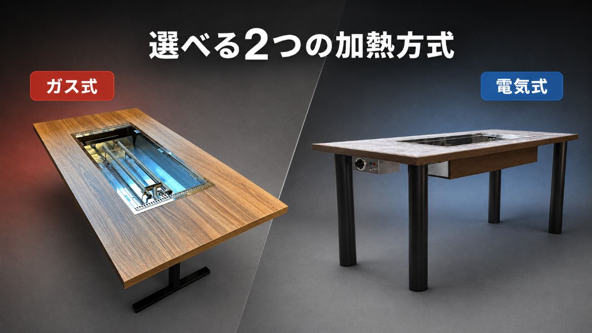 ガス式と電気式の鉄板テーブルを比較した画像